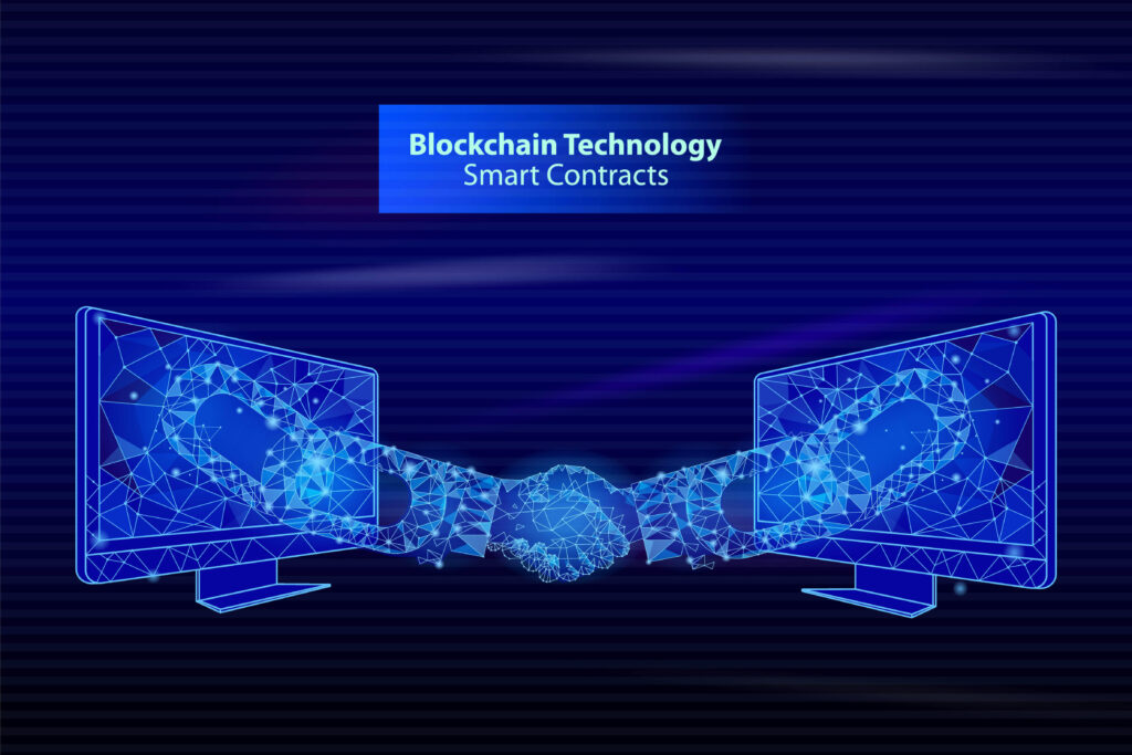 Blockchain technology smart contacts poster vector. Screens people handshake, bitcoin banking and deal of businessmen. Digital banking and agreement